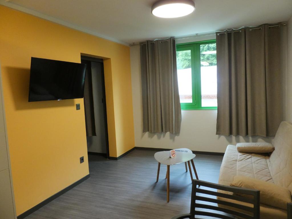- un salon avec un canapé et une télévision dans l&#39;établissement Résidence Thermale du Parc, à Ornolac-Ussat-les-Bains