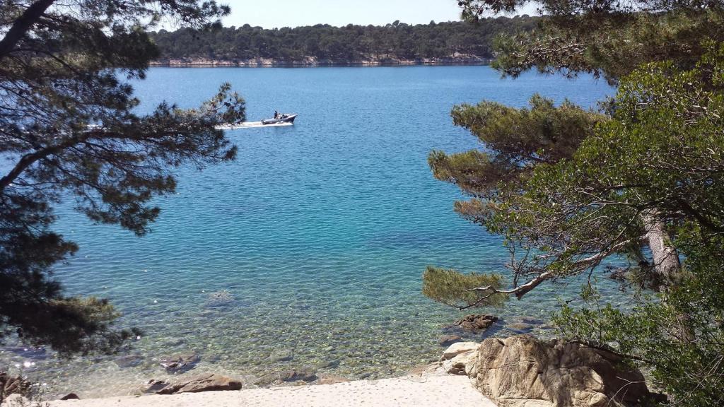 a boat in a large body of water with trees at Nina Villa in Rab