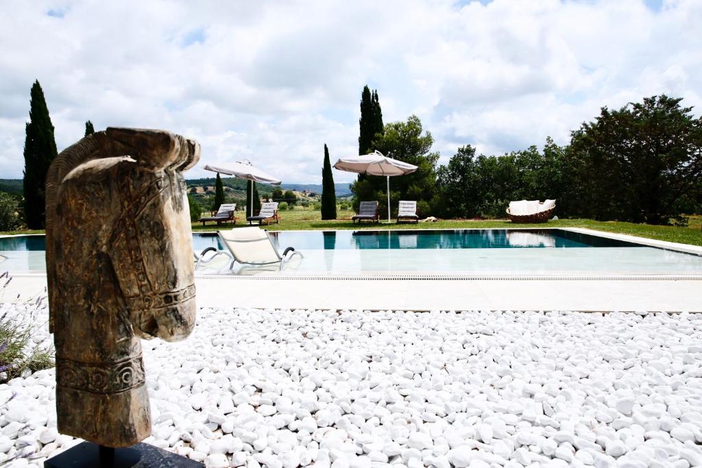 a statue standing in front of a swimming pool at Dojo Bianco in Massa Marittima