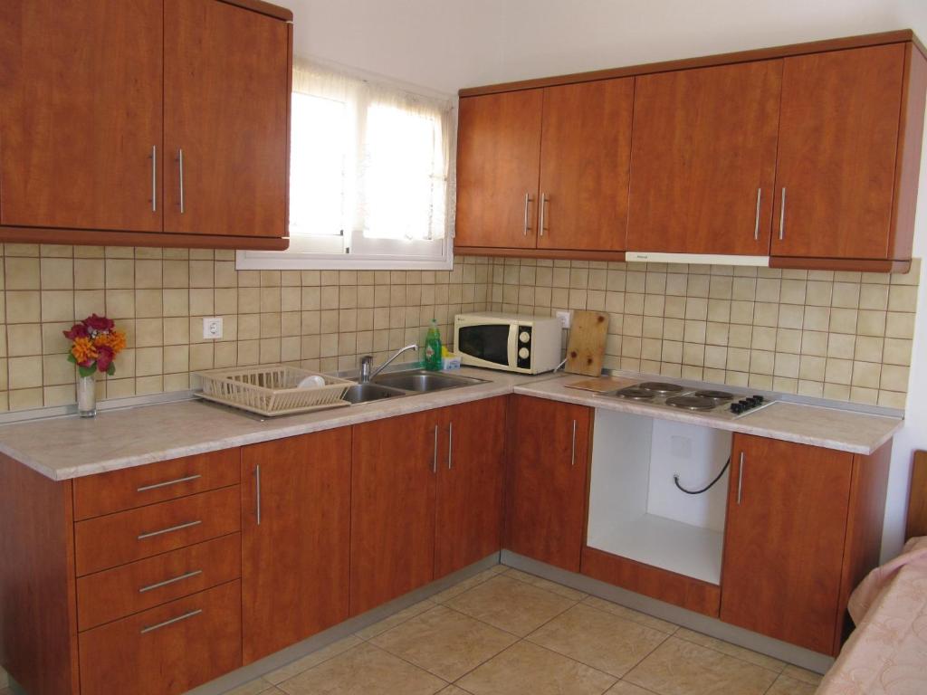 a kitchen with wooden cabinets and a sink and a microwave at Eugenia travasarou sea view appartments in Diakofti