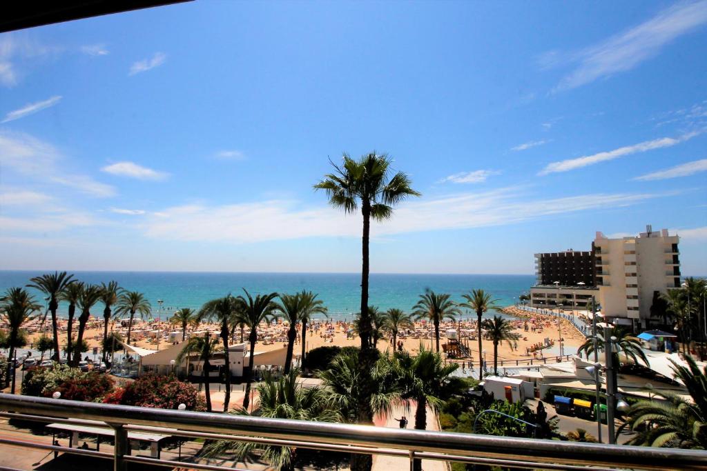a view of a beach with palm trees and the ocean at Alicante Sea View Downtown Comfort in Alicante