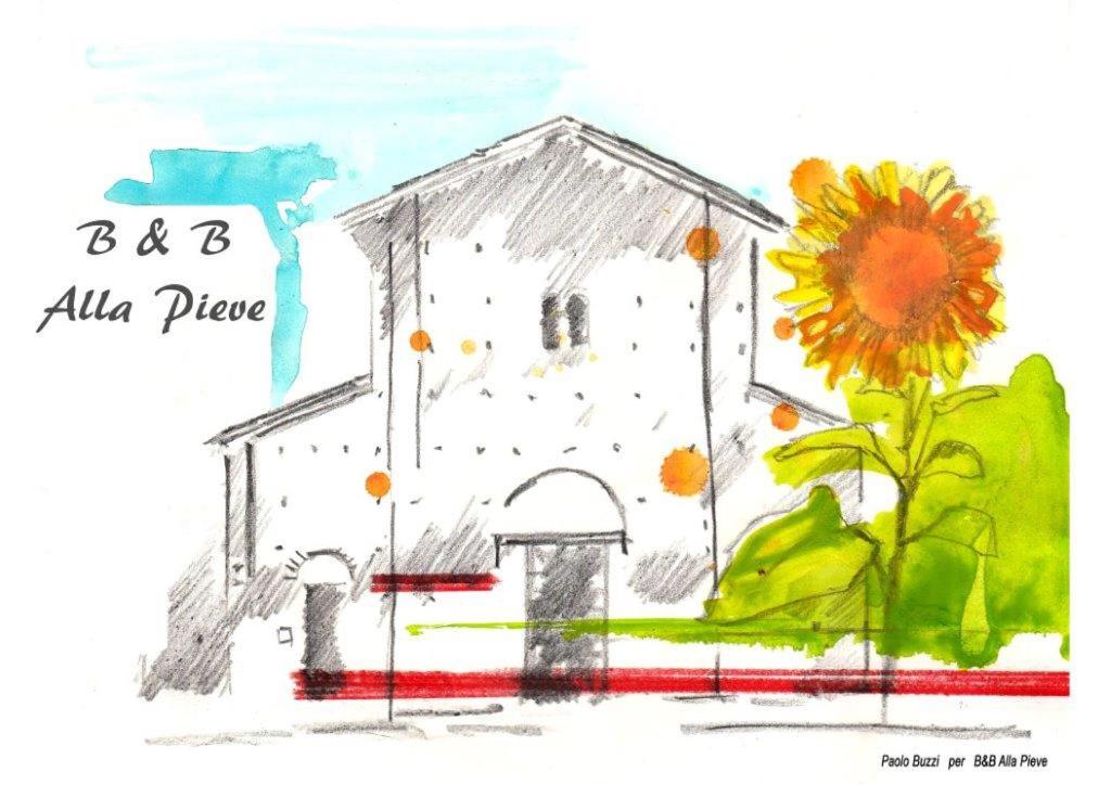 een tekening van een gebouw en een zonnebloem bij Alla Pieve in Bagnacavallo