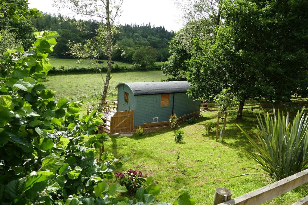 a green shed in the middle of a garden at The Lookout Shepherd's Hut in Dolton