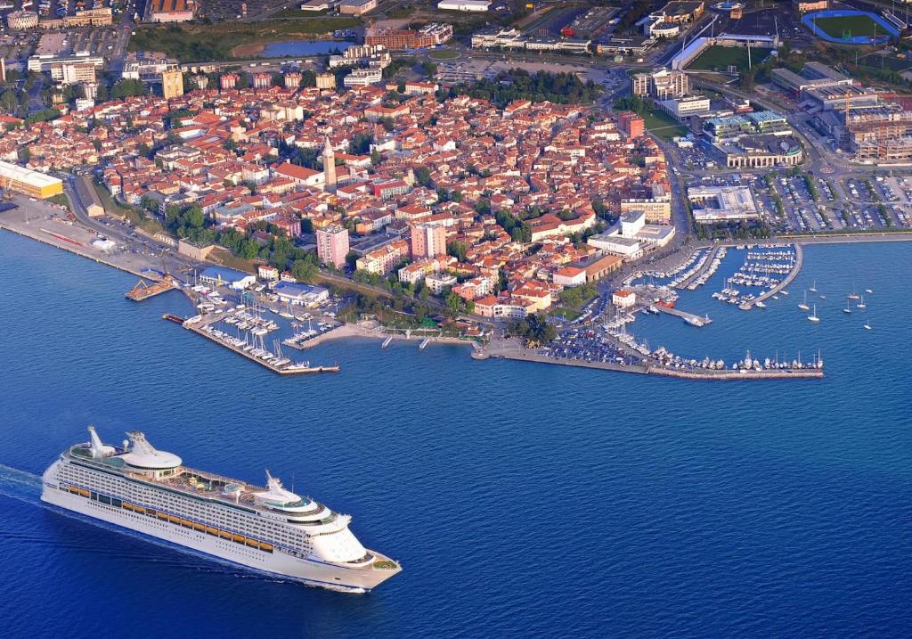 an aerial view of a cruise ship in a harbor at Apartmajsko naselje Žusterna in Koper