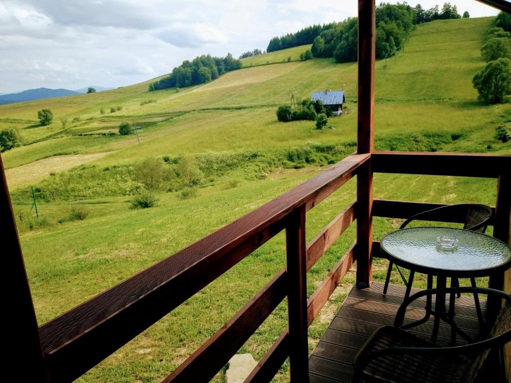 ポランチクにあるNoclegi "Marfikowe Pole"の田園の景色を望むポーチ(テーブル、椅子付)