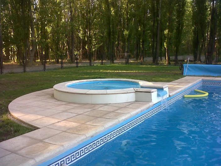 a swimming pool with a yellow frisbee in it at Terrazas En El Bosque Cabañas in Malargüe