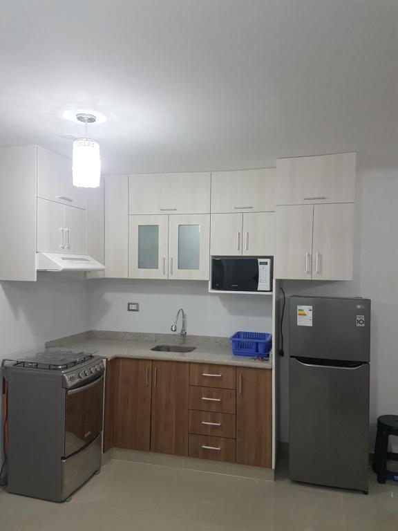 eine Küche mit weißen Schränken und einem Kühlschrank aus Edelstahl in der Unterkunft Nino´s Residence Departamentos VIP Amoblados in Tacna