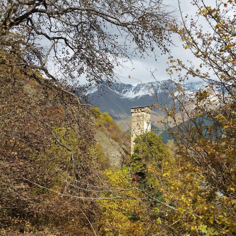 a stone tower on a hill with mountains in the background at Lagami house in Mestia