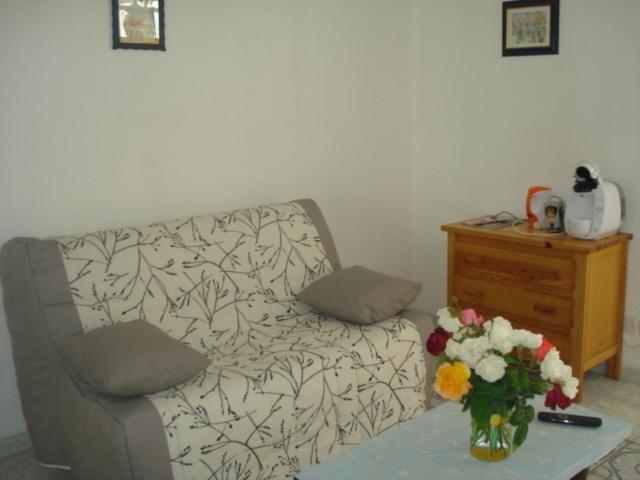 - un salon avec un canapé et un vase de fleurs dans l'établissement Le Galion, au Grau-dʼAgde