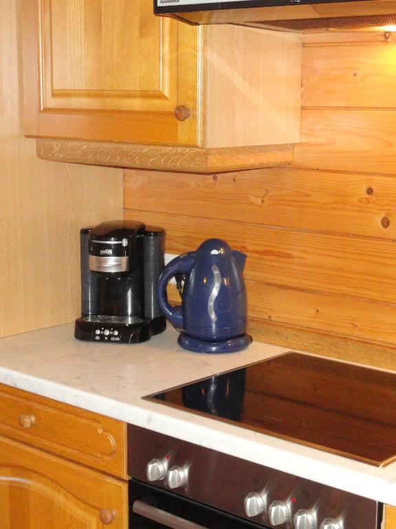 a blue tea kettle sitting on top of a stove in a kitchen at Baby- und Kinderhof Aicherbauer in Seeham