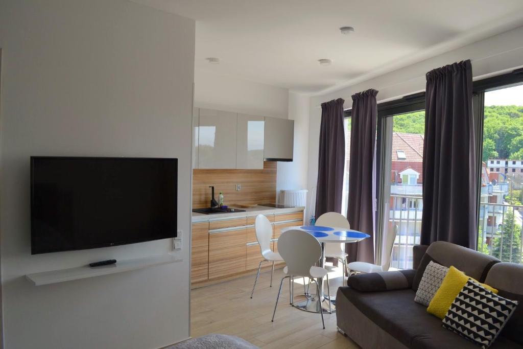 ein Wohnzimmer mit einem Sofa und einem TV in der Unterkunft Apartament Horyzont 405 Międzyzdroje in Misdroy