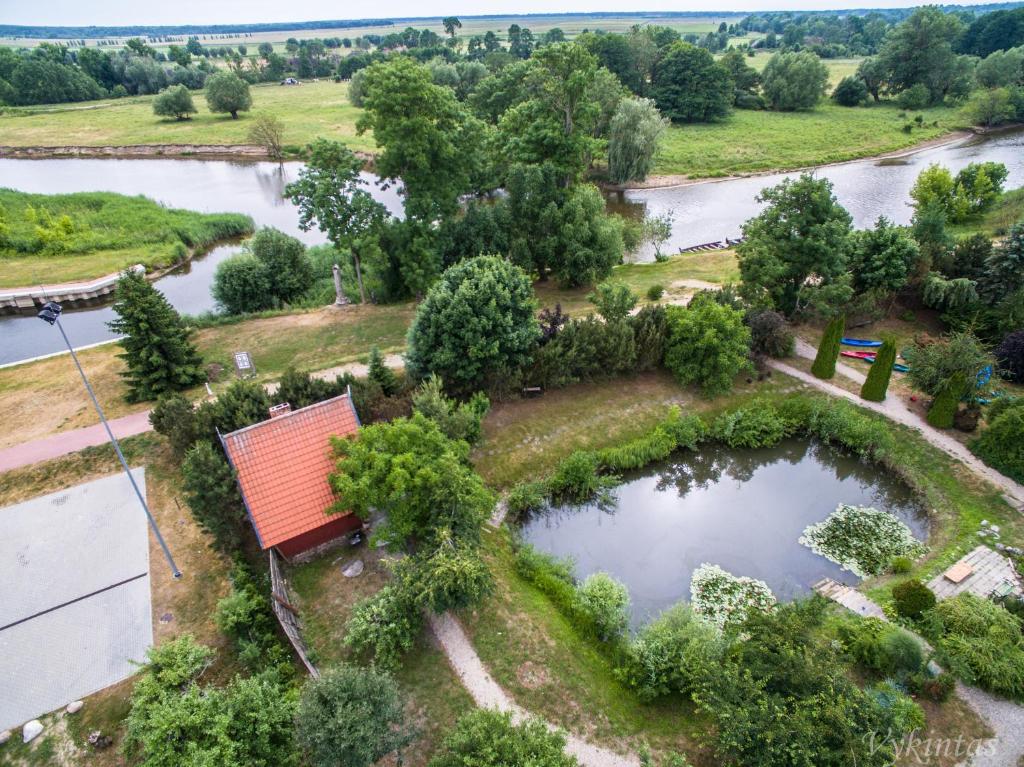 Vue aérienne d'une île au milieu d'une rivière dans l'établissement Rusnietis, à Rusnė