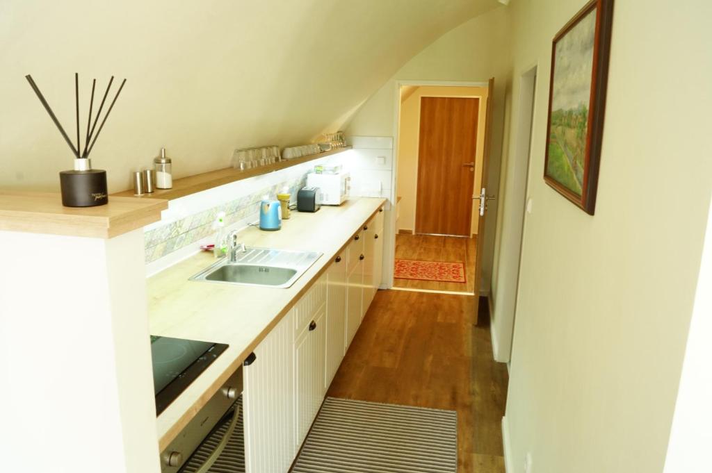 a kitchen with white cabinets and a sink and a hallway at Apartmány u komína in Terezín