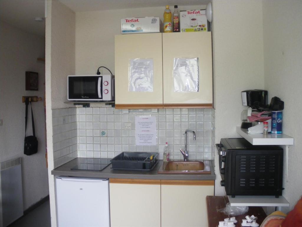uma pequena cozinha com um lavatório e um micro-ondas em résidence le bois gentil em Auris