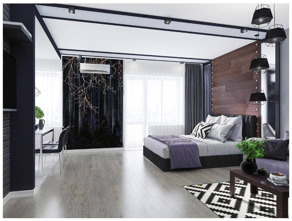 1 dormitorio con 1 cama y sala de estar en Apartments Center2- Олімпійська - ЖК Manhattan City KПІ -Лесі Українки бульвар, en Kiev