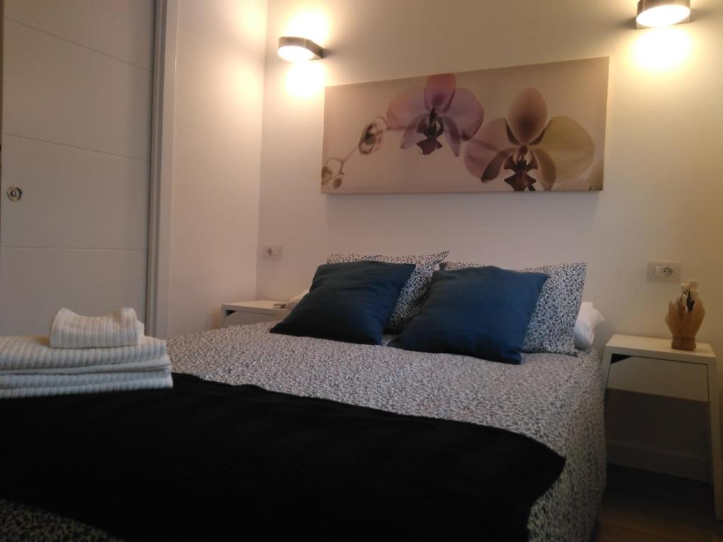 a bedroom with a bed with two blue pillows at Habitaciones IFAE in Alcalá