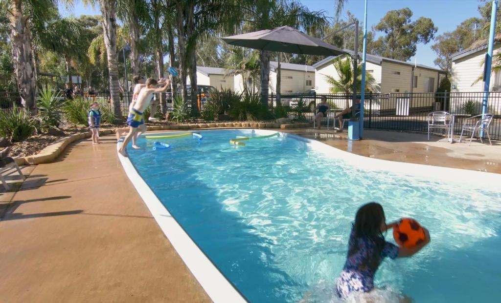 een groep kinderen die spelen in een zwembad met een bal bij Murray River Holiday Park in Moama