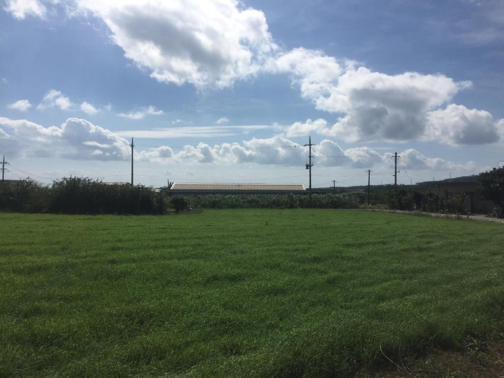 a field of green grass with a train in the distance at Shimaotoya in Iriomote