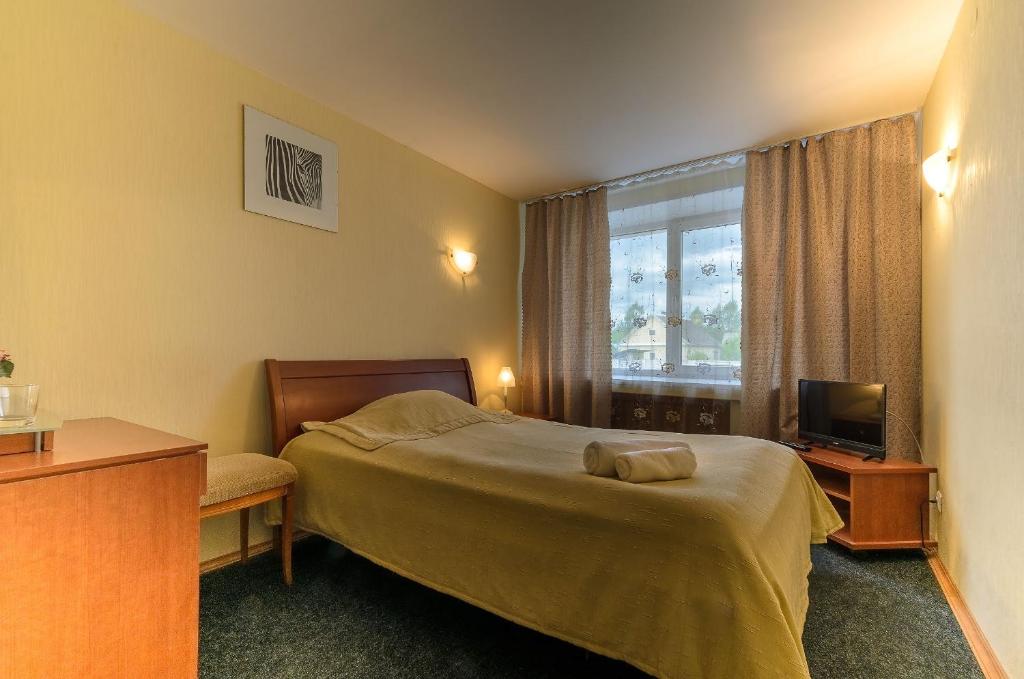 um quarto de hotel com uma cama e uma televisão em Oazis Hotel em Pskov