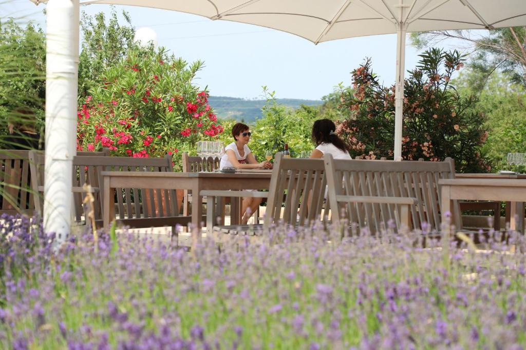 two women sitting at a table in a garden with flowers at Storchencamp Gästehaus Purbach in Purbach am Neusiedlersee