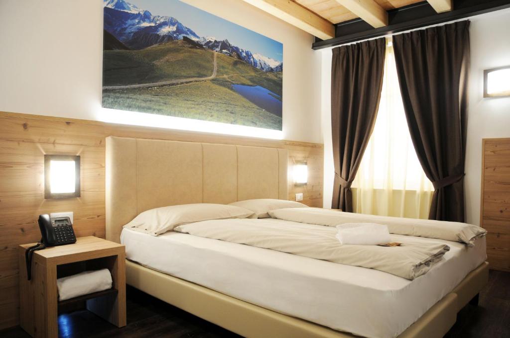 ein Schlafzimmer mit einem Bett mit einem Bild an der Wand in der Unterkunft TOURING HOTEL & SPA in Edolo