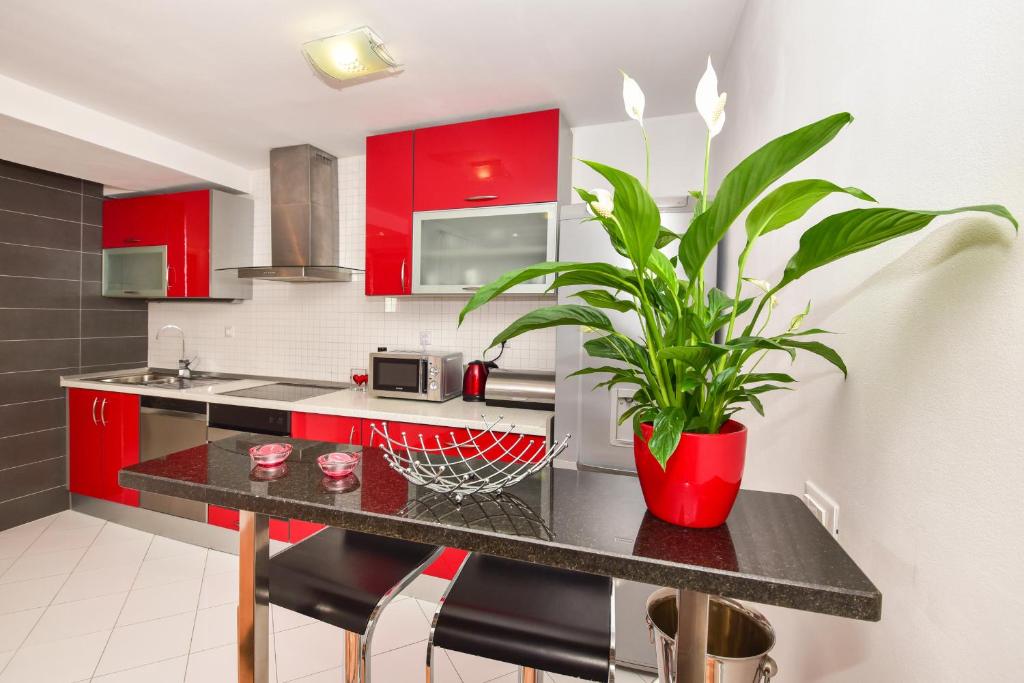 Apartment G.V. في ماكارسكا: مطبخ مع خزائن حمراء ونبات الفخار