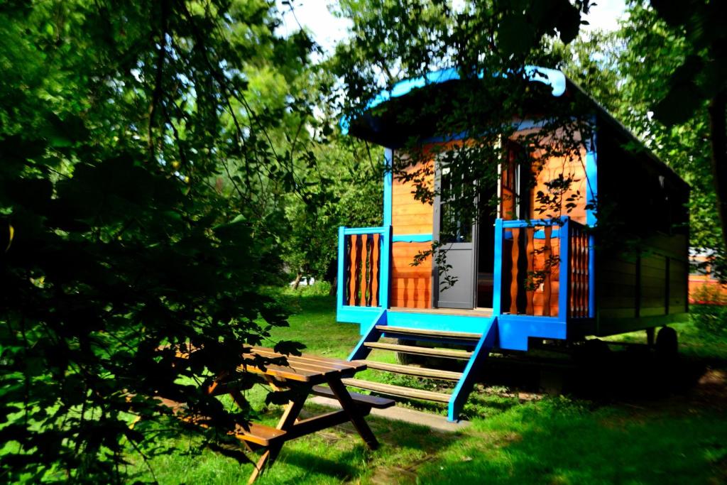ein kleines Haus mit einem Picknicktisch im Gras in der Unterkunft La Maison de l'Omignon in Vermand