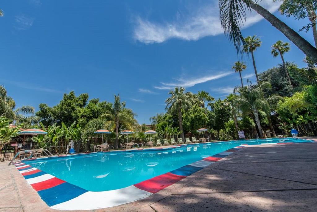 a swimming pool at a resort with palm trees at Duniya Hotel in Bakersfield