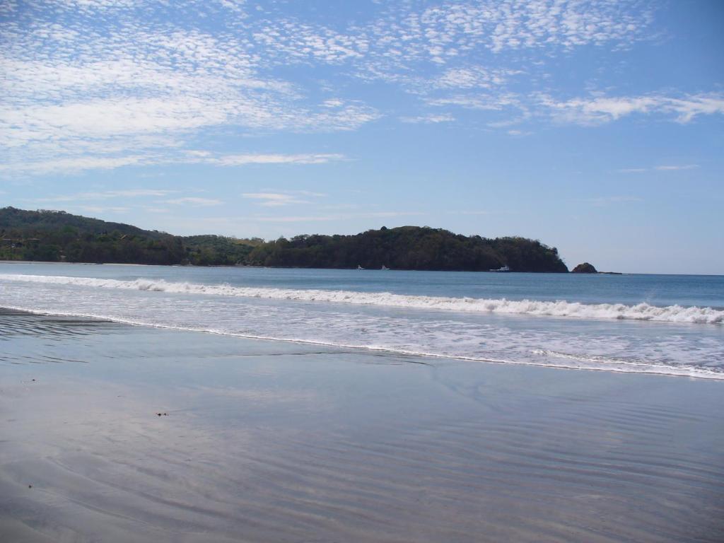 una playa con olas y árboles a lo lejos en Hotel Belvedere Playa Samara Costa Rica en Sámara