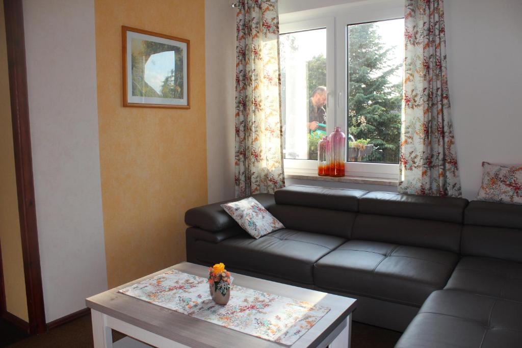 uma sala de estar com um sofá e uma janela em Ferienwohnung Storchennest em Lohsa
