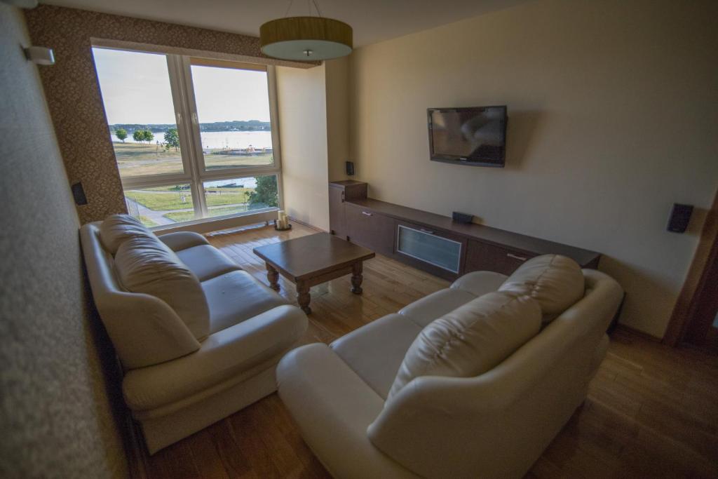 een woonkamer met 2 banken en een tv bij Cozy apartment with a wonderful lake view in Telšiai