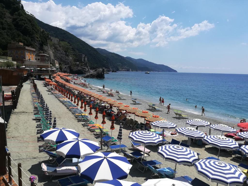 a beach with many umbrellas and people on the water at Albamare in Monterosso al Mare