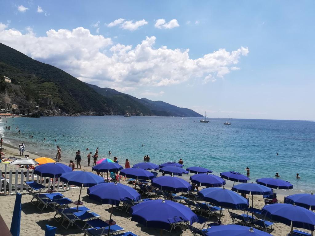 a beach with blue umbrellas and people on the beach at Albamare in Monterosso al Mare