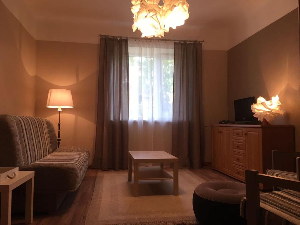 ein Wohnzimmer mit Sofa und Fenster in der Unterkunft Apartaments Selga in Roja