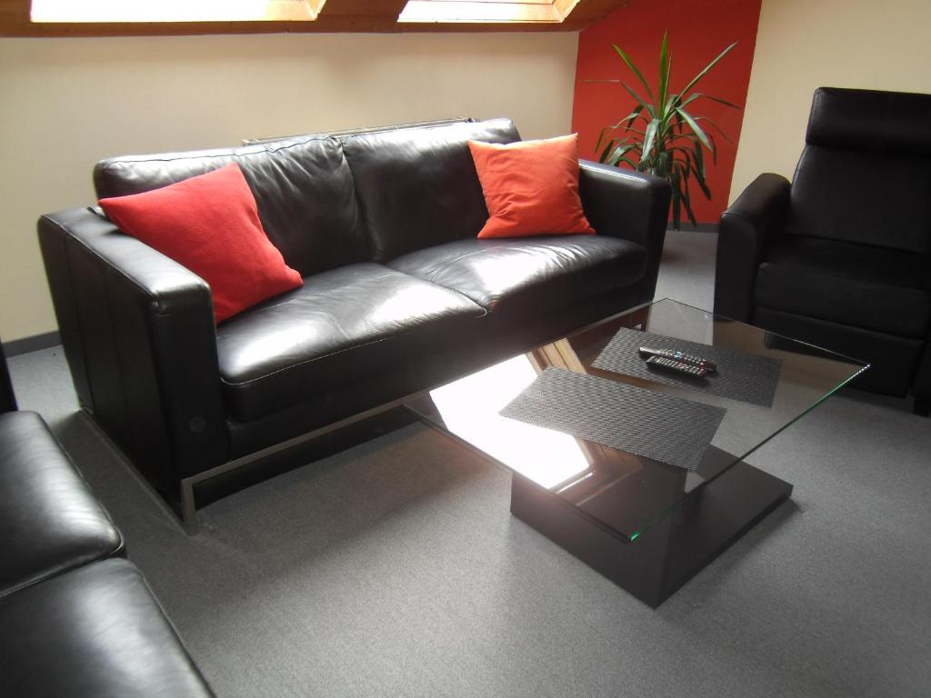 Un sofá de cuero negro con dos almohadas rojas. en Ferienwohnung in Linden, en Windelsbach