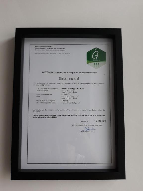 Certifikát, hodnocení, plakát nebo jiný dokument vystavený v ubytování Gîtes du tellin