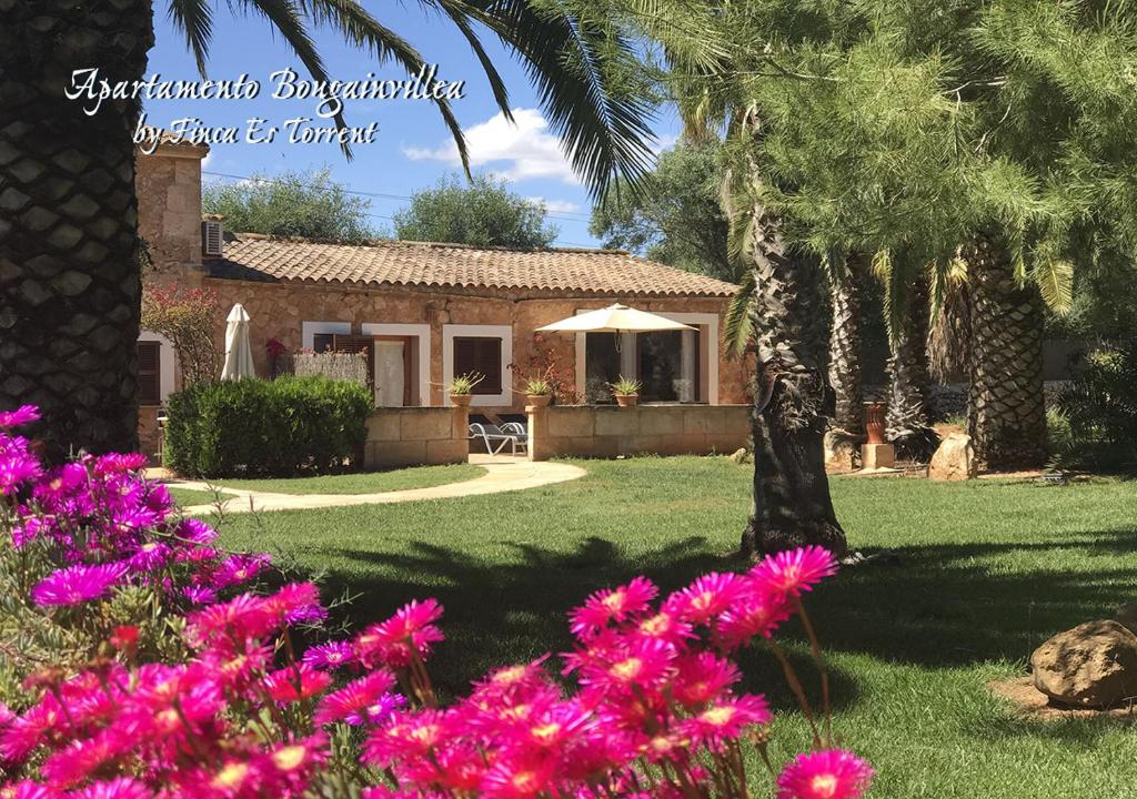 ein Haus mit einem Hof mit rosa Blumen in der Unterkunft Apartment Bougaivillea by Finca Es Torrent in Sa Ràpita