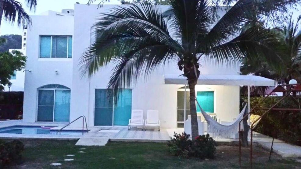 una casa con una palmera junto a una piscina en Caribbean Venture Cabaña Tropical - Pozos Colorados, Santa Marta, en Santa Marta