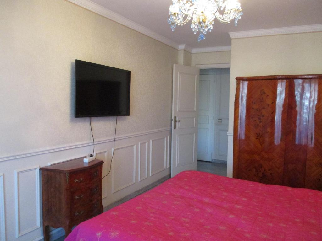 カンヌにあるCannes Mimosas One Bedroomのベッドルーム(ベッド1台、薄型テレビ付)