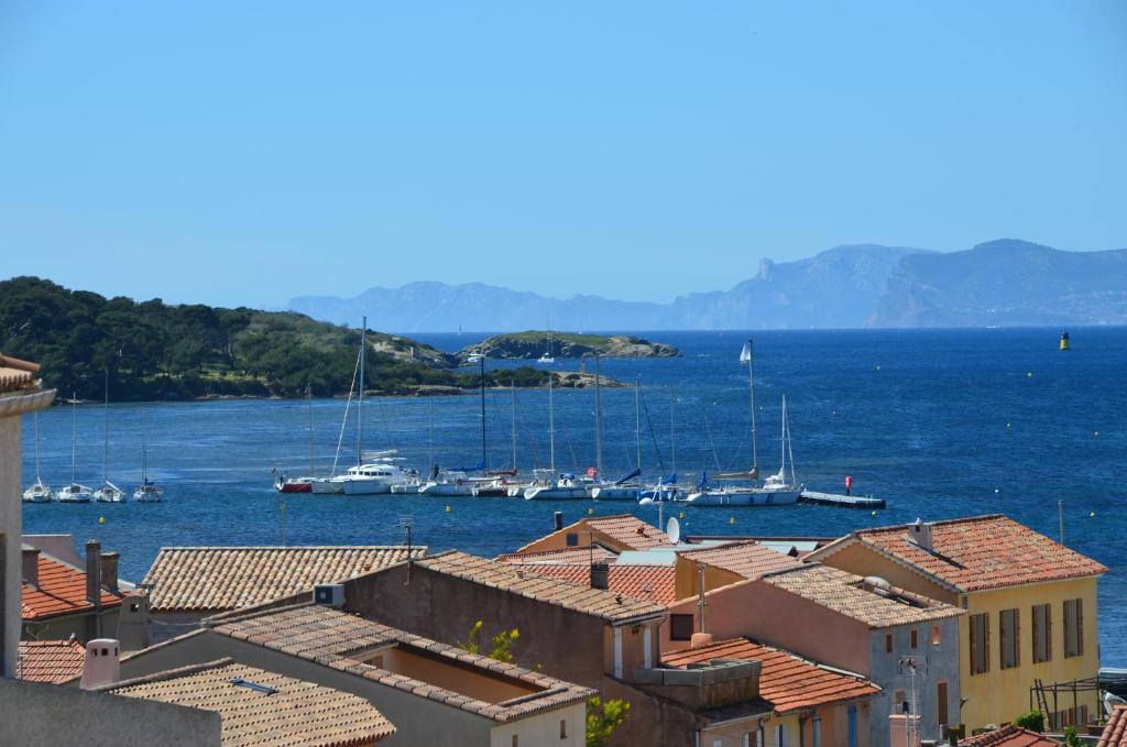 a view of a harbor with boats in the water at Spacieux T2 vue mer panoramique Le Brusc in Six-Fours-les-Plages