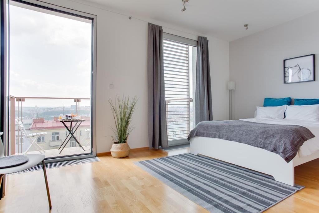 プラハにあるTeichmann Premium Apartmentsのベッドルーム1室(ベッド1台、大きな窓付)