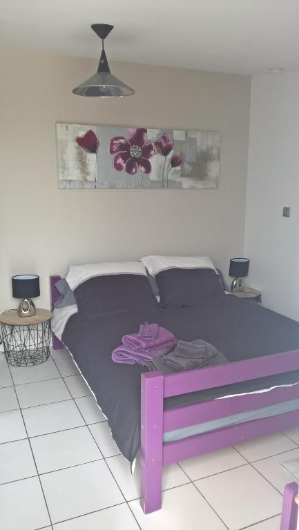 uma cama roxa num quarto com duas mesas em Gîte Studio Tarbes Pyrénées em Tarbes