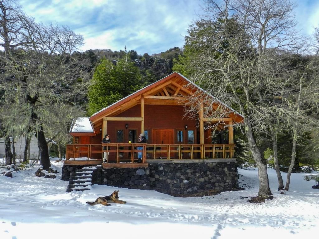 a cabin in the snow with a dog laying in the snow at Cabañas en Termas de Chillán in Recinto