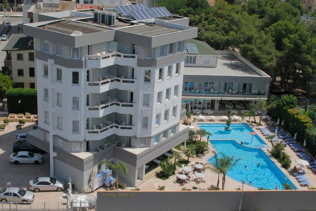 an aerial view of a hotel with a swimming pool at Hotel Dyrrah in Durrës