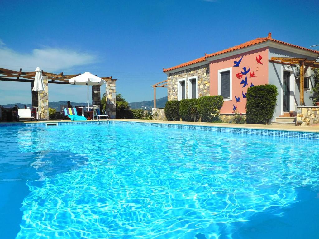 une grande piscine en face d'une maison dans l'établissement Aeolis Apartments & Studios, à Apidias Lakos
