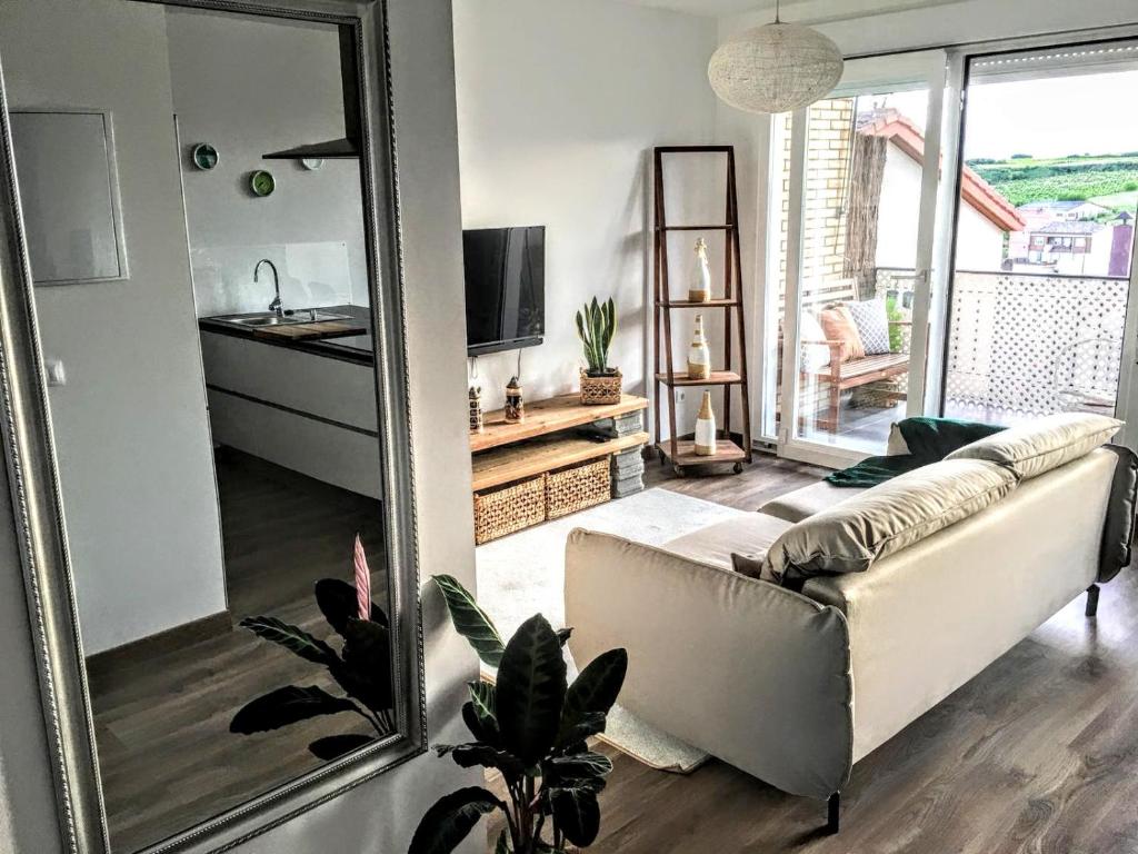- un salon avec un canapé et un miroir dans l'établissement Apartamento Gaztainondoak, à Lanciego