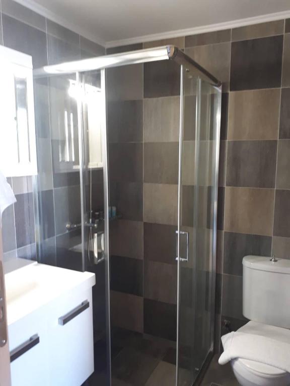 W łazience znajduje się prysznic, toaleta i umywalka. w obiekcie Christina's Luxury Apartment w Retimnie