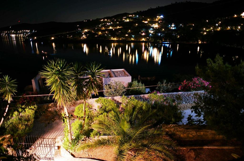 a view of a lake at night with palm trees at Apollonion Apartment Aigina in Perdika