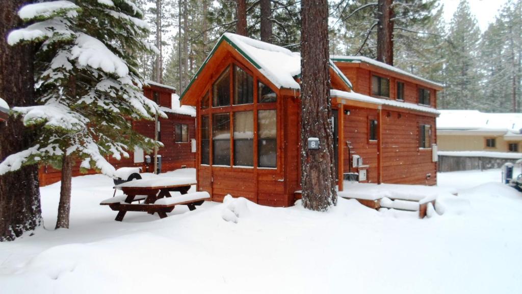 a log cabin in the woods in the snow at Cedar Pines Resort in South Lake Tahoe