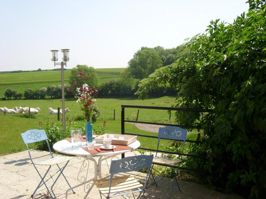 een tafel en stoelen met uitzicht op een veld bij Gite Le Bois Roger in Widehem